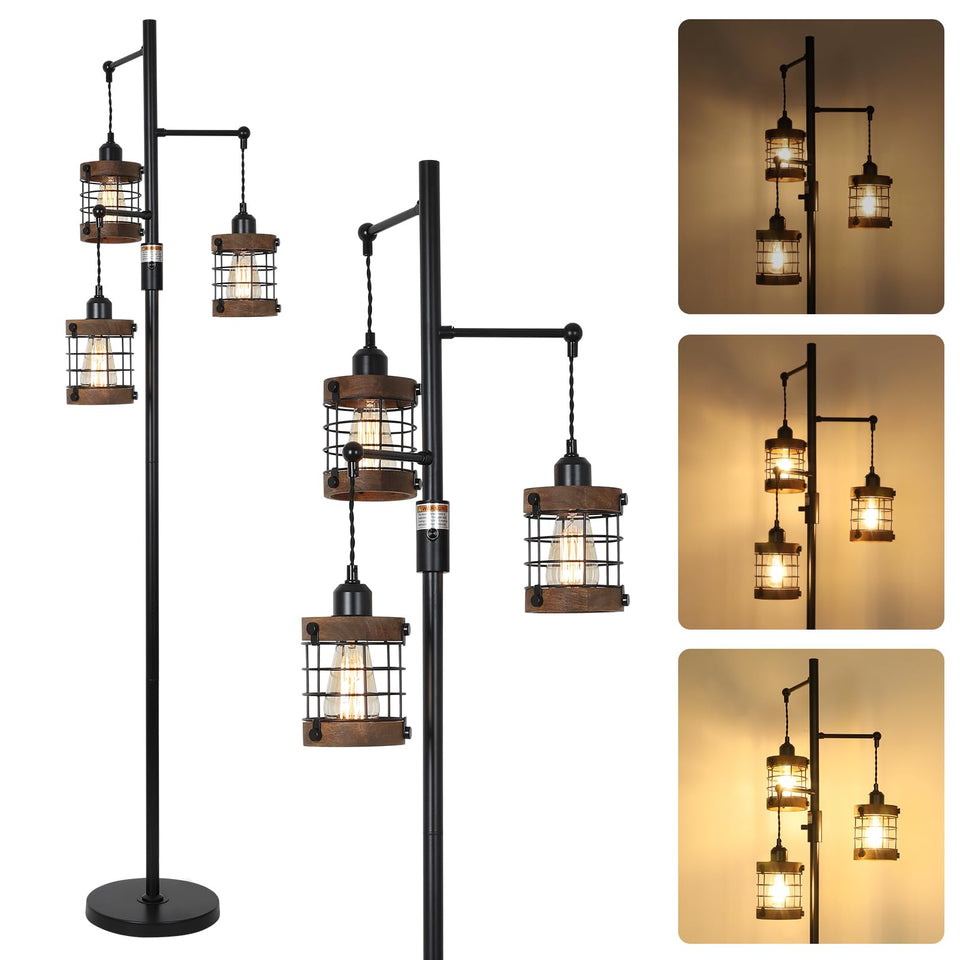 Airposta dimmable floor lamp with wood and metal cage shades for warm living room lighting.