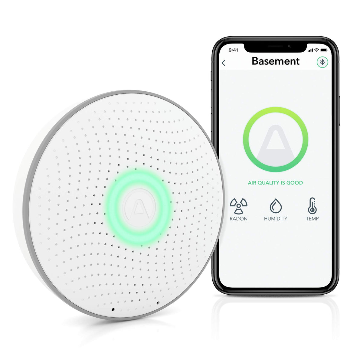 Airthings Wave Radon front view with color ring for quick air quality checks.