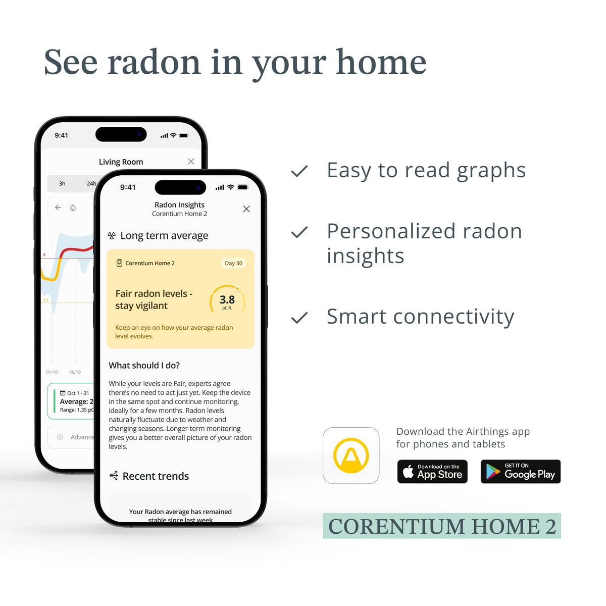 Airthings 325 Corentium Home 2 app alerts for long-term environmental changes.