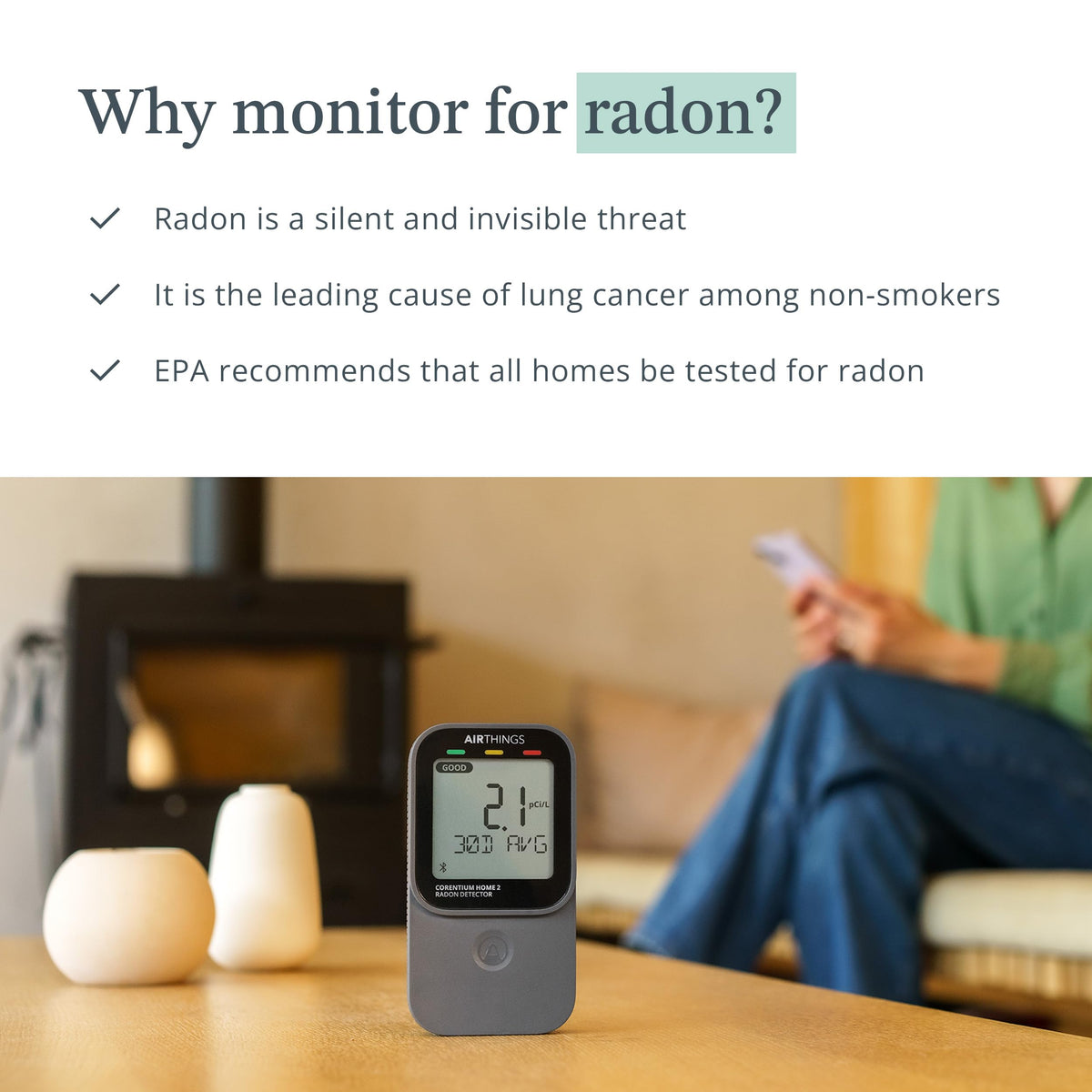 Airthings 325 Corentium Home 2 in basement setting monitors radon with portable convenience.