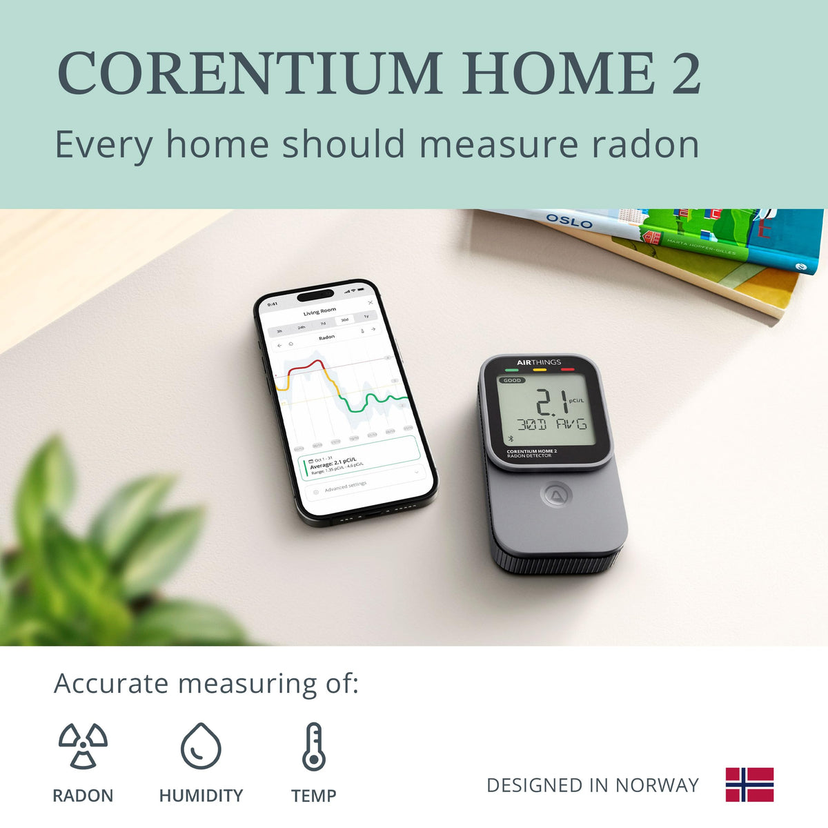 Airthings 325 Corentium Home 2 Bluetooth connectivity shows app graphs of radon trends.
