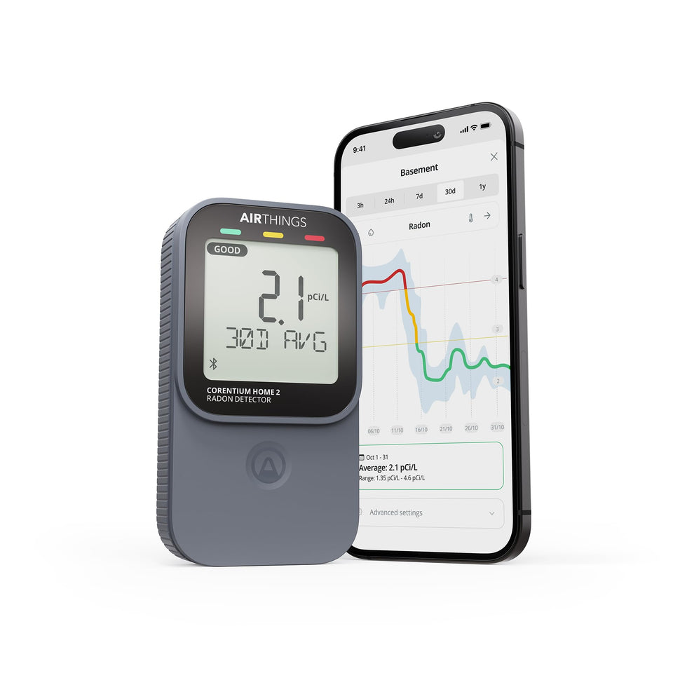 Airthings 325 Corentium Home 2 display with real-time radon and environmental readings.