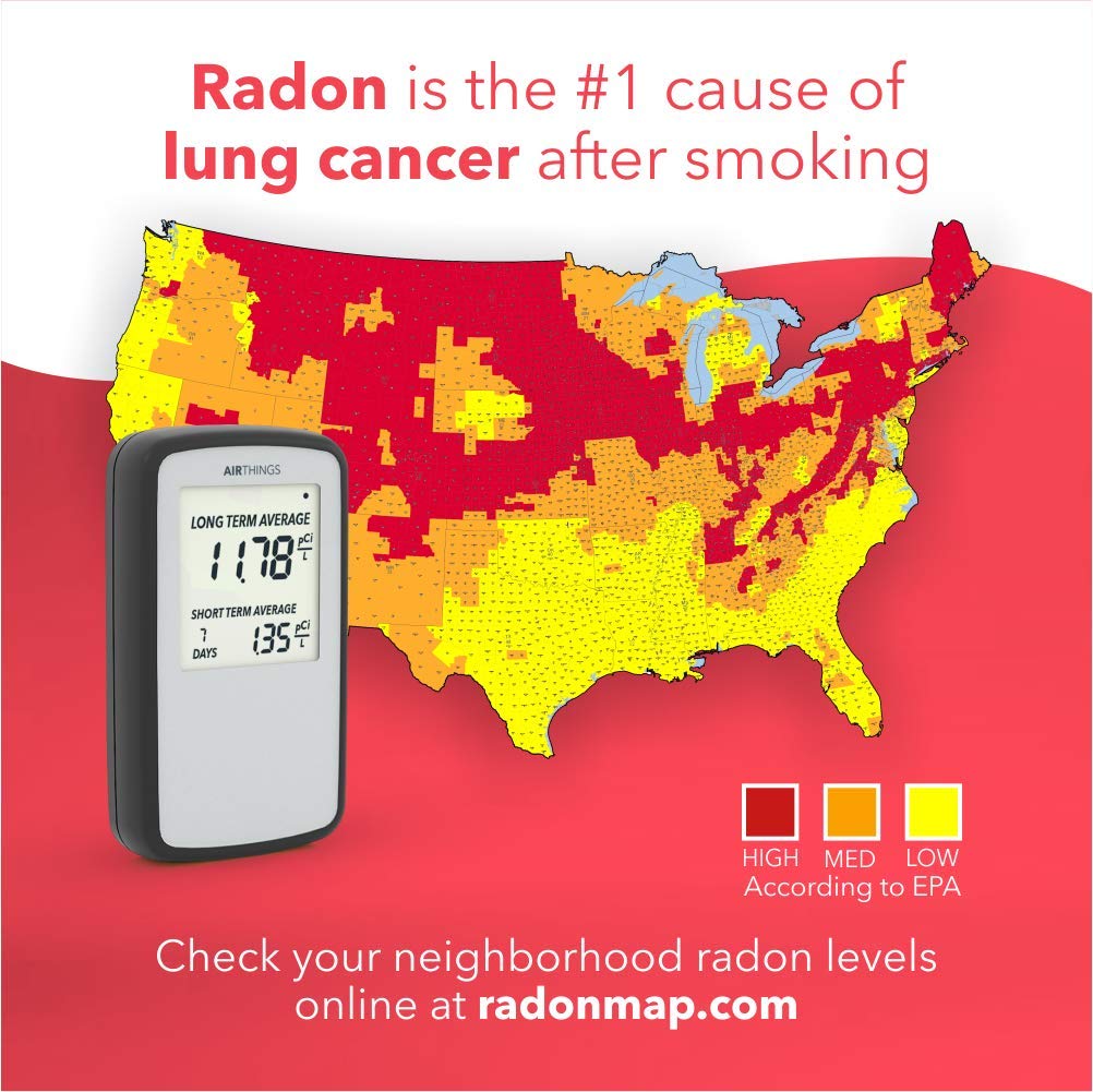 Airthings Corentium Home digital display shows daily to long-term radon readings.