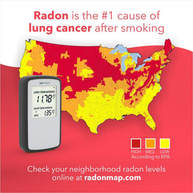 Airthings Corentium Home digital display shows daily to long-term radon readings.