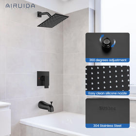 Airuida 8 inch matte black rainfall showerhead delivers broad, enveloping coverage.