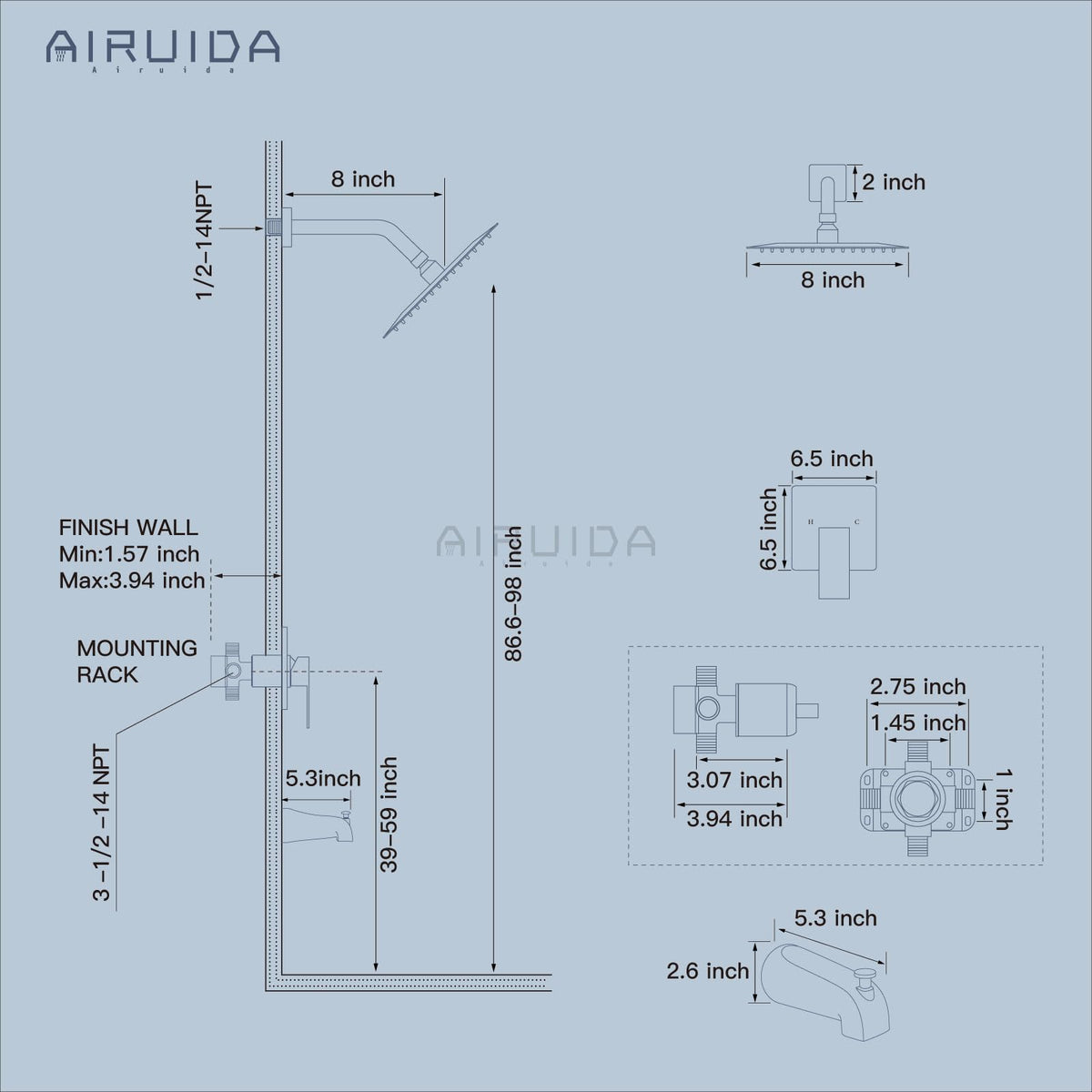Airuida shower arm and head assembly provides flexible spray options.
