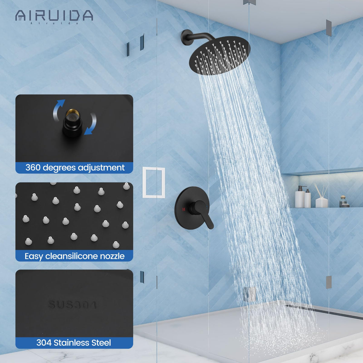 Airuida shower head angle adjustment provides full coverage.