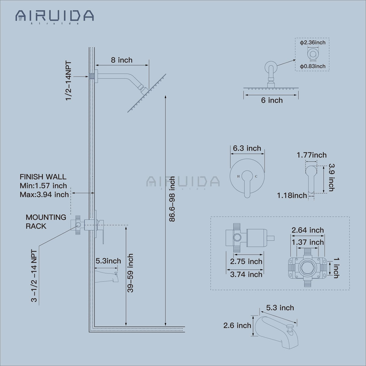 Airuida matte black trim adds sleek, modern bathroom style.