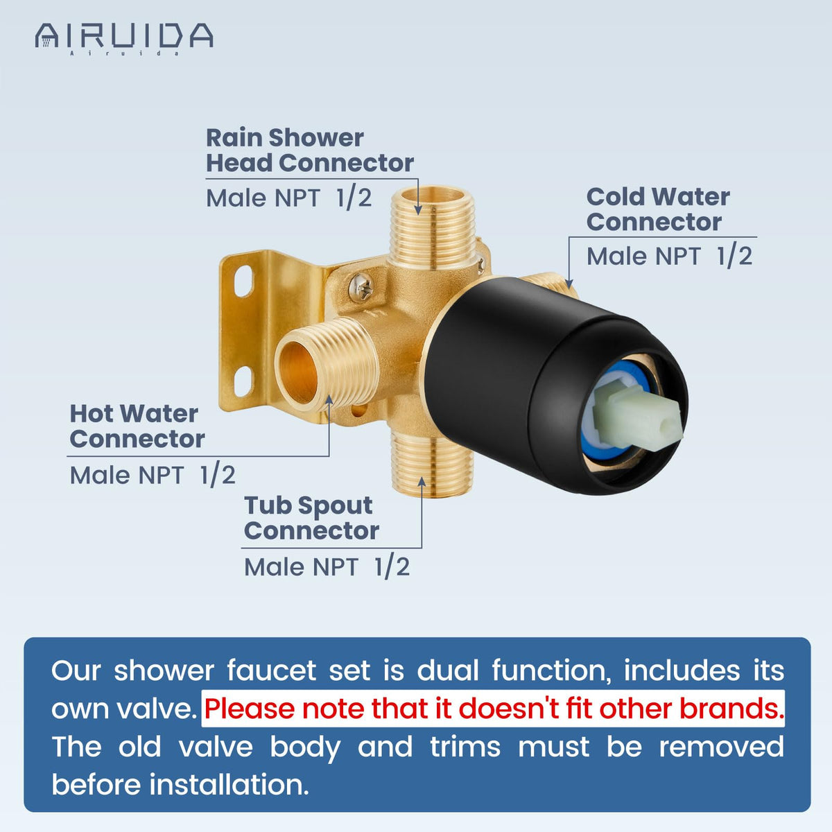 Airuida solid brass rough-in valve ensures durable control and long-lasting performance.
