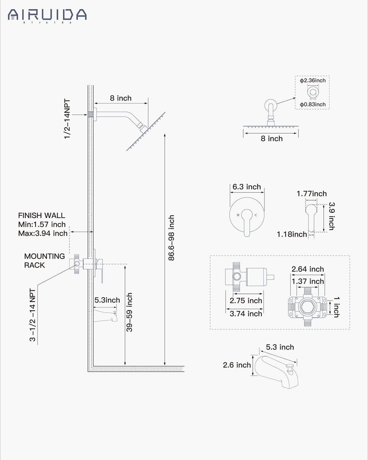 Airuida stainless steel shower head close-up highlights premium durability.