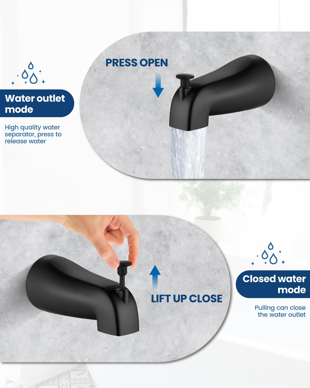 Airuida tub spout connects smoothly for tub and shower versatility.