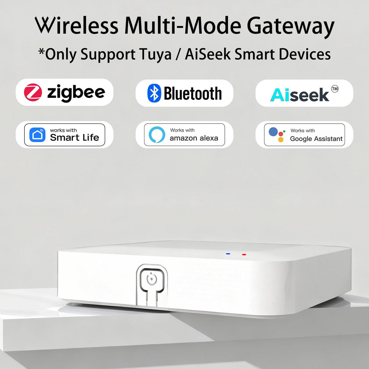 AiSeek Tuya ZigBee 3.0 Hub back ports show flexible connectivity options for devices.
