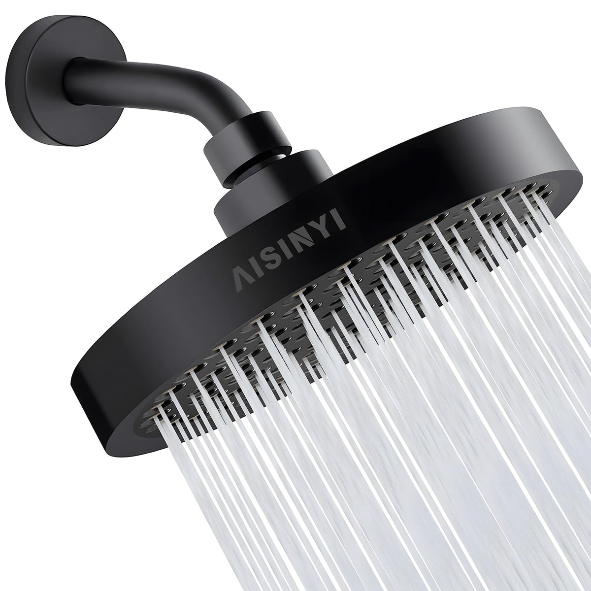 AISINYI high-pressure showerhead front view in matte black delivering luxurious rainfall.