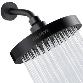AISINYI high-pressure showerhead front view in matte black delivering luxurious rainfall.
