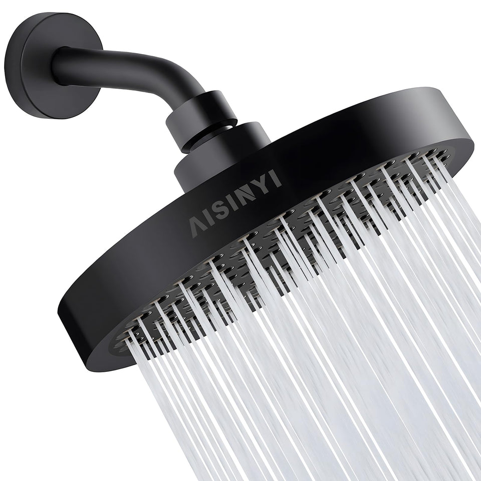 AISINYI high-pressure showerhead front view in matte black delivering luxurious rainfall.