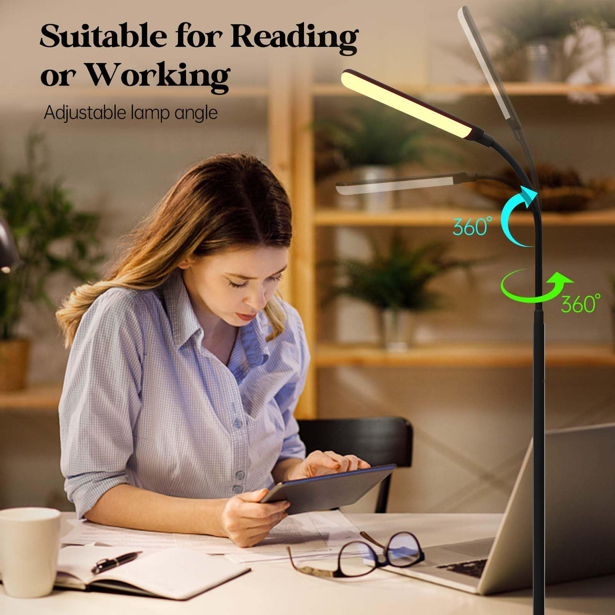 Aisutha floor lamp head rotates to illuminate target areas.