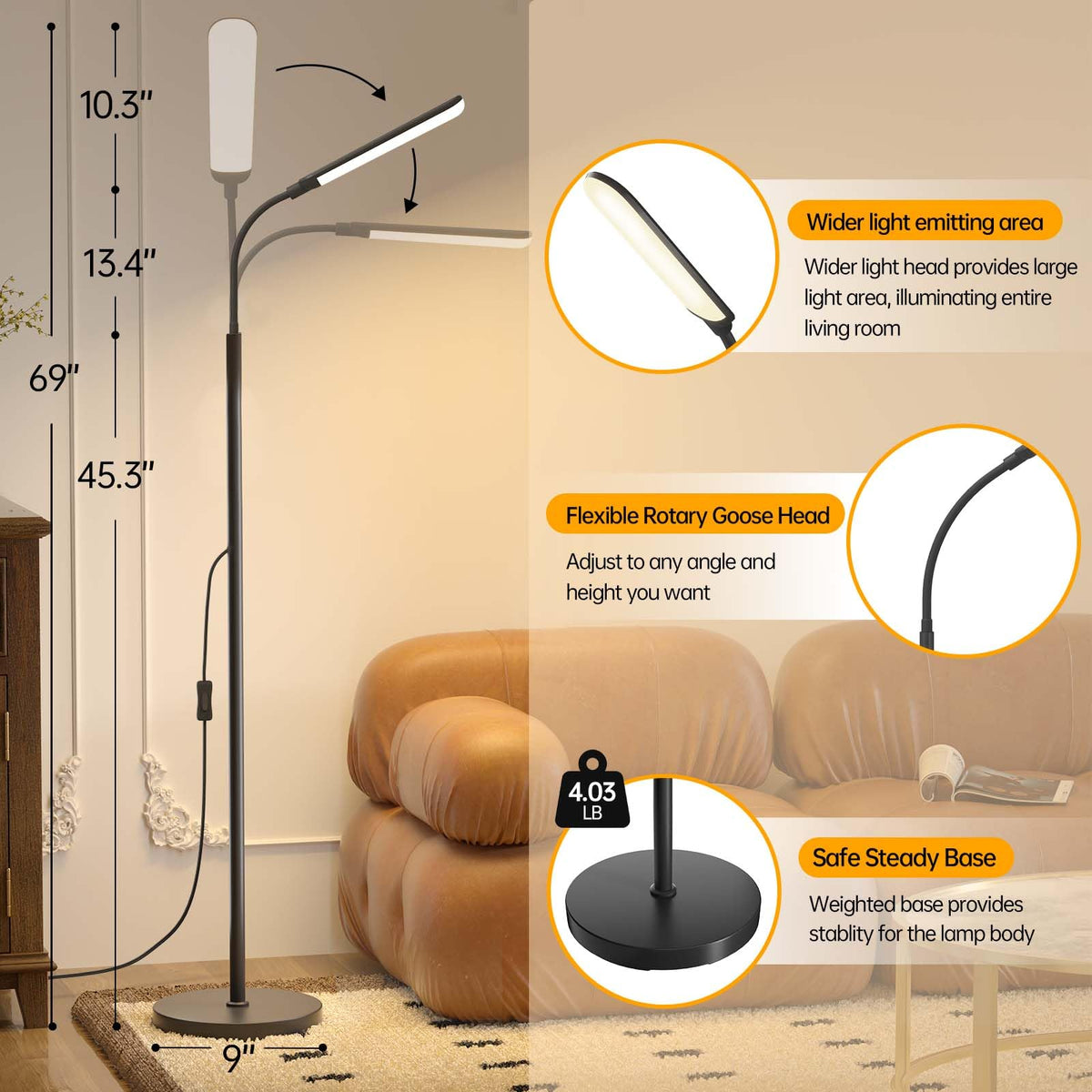 Aisutha floor lamp features a heavy base for stable placement.