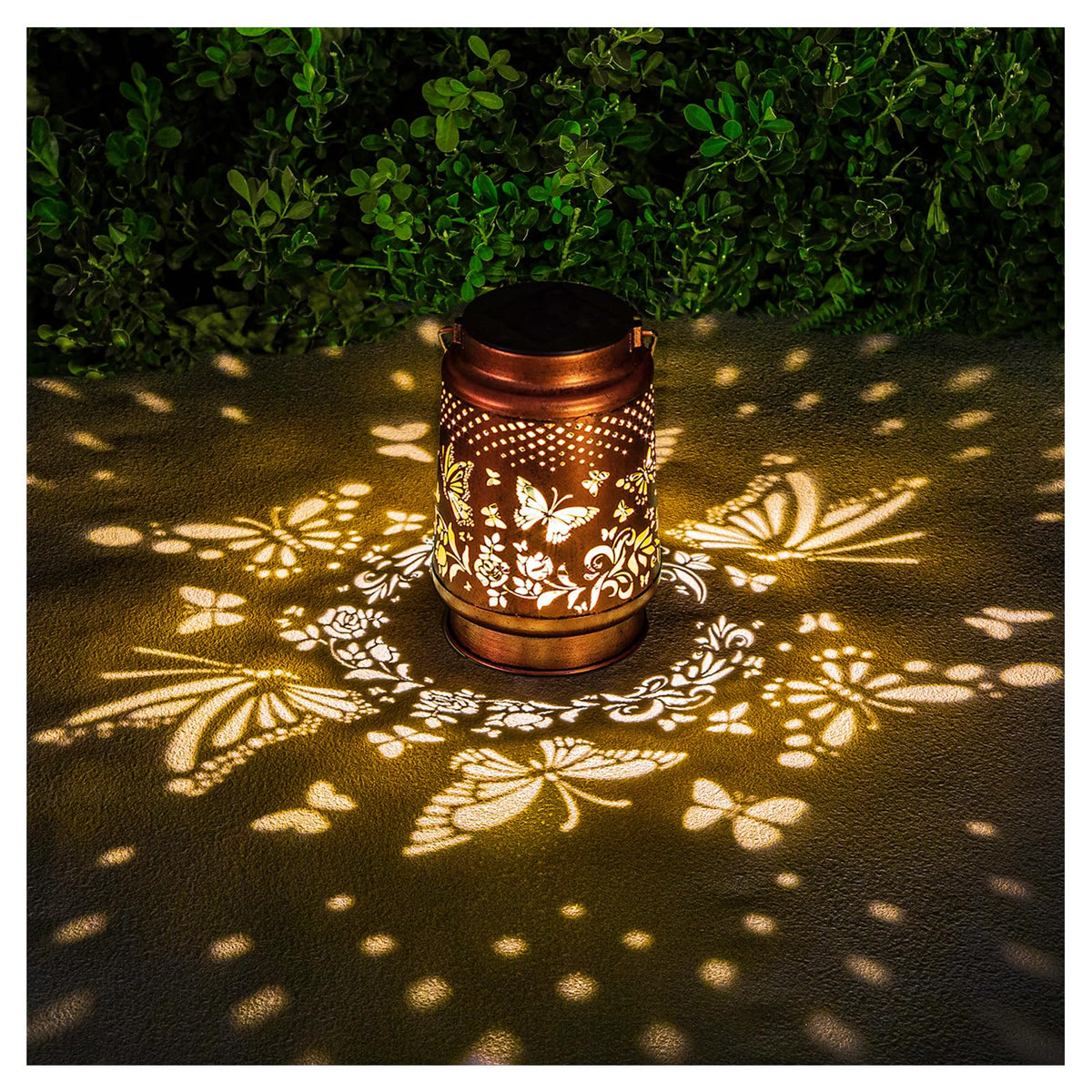 AITENISEN solar lantern with butterfly pattern on tree, adds warm outdoor illumination