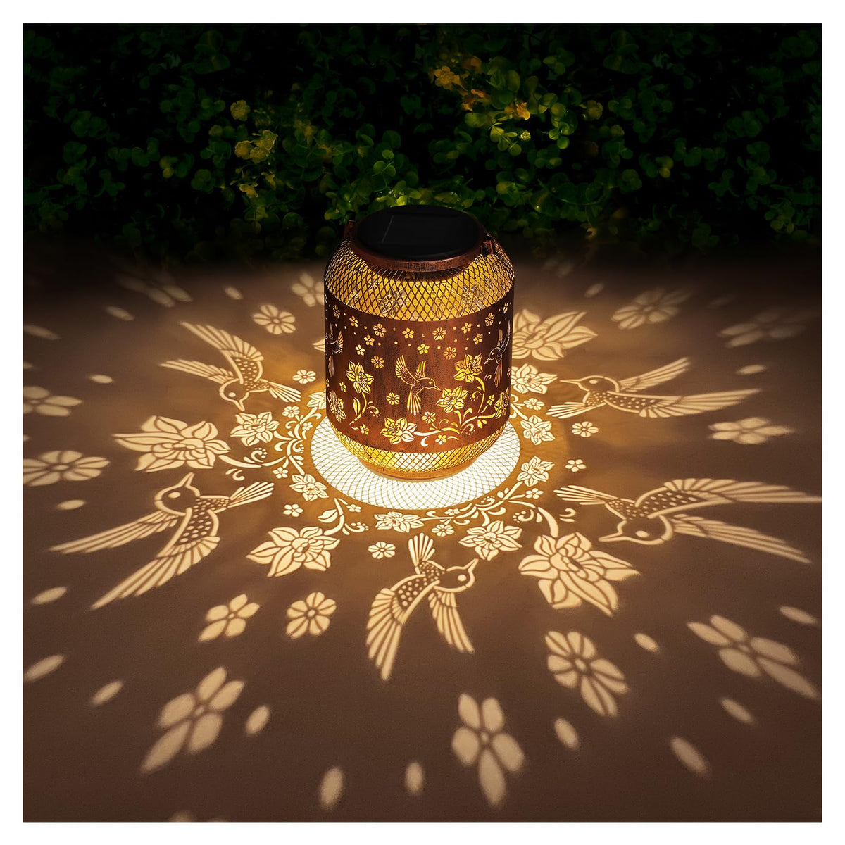 AITENISEN hummingbird solar lantern garden light emits warm glow for outdoor spaces