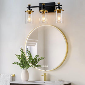 Aixialin black-brushed-gold vanity light enhances ambient lighting above the mirror.