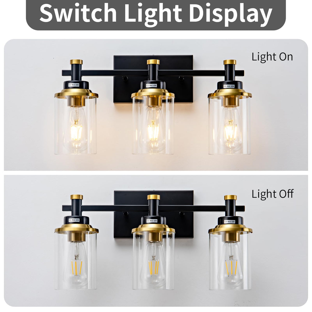 Aixialin clear glass shade vanity light provides crisp, diffused bathroom illumination.