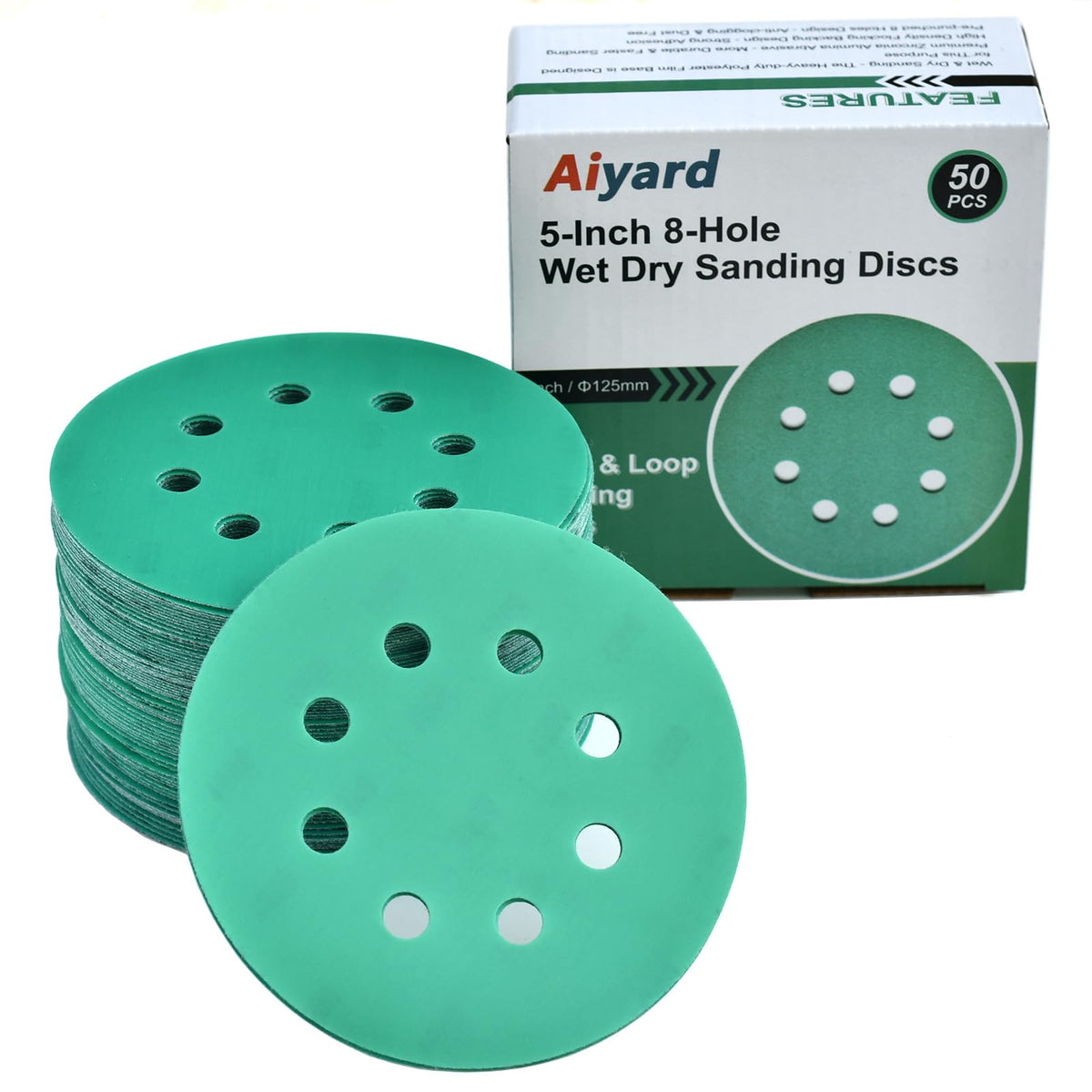 Aiyard 5-inch 1500-grit disc with 8-hole pattern for dust extraction.