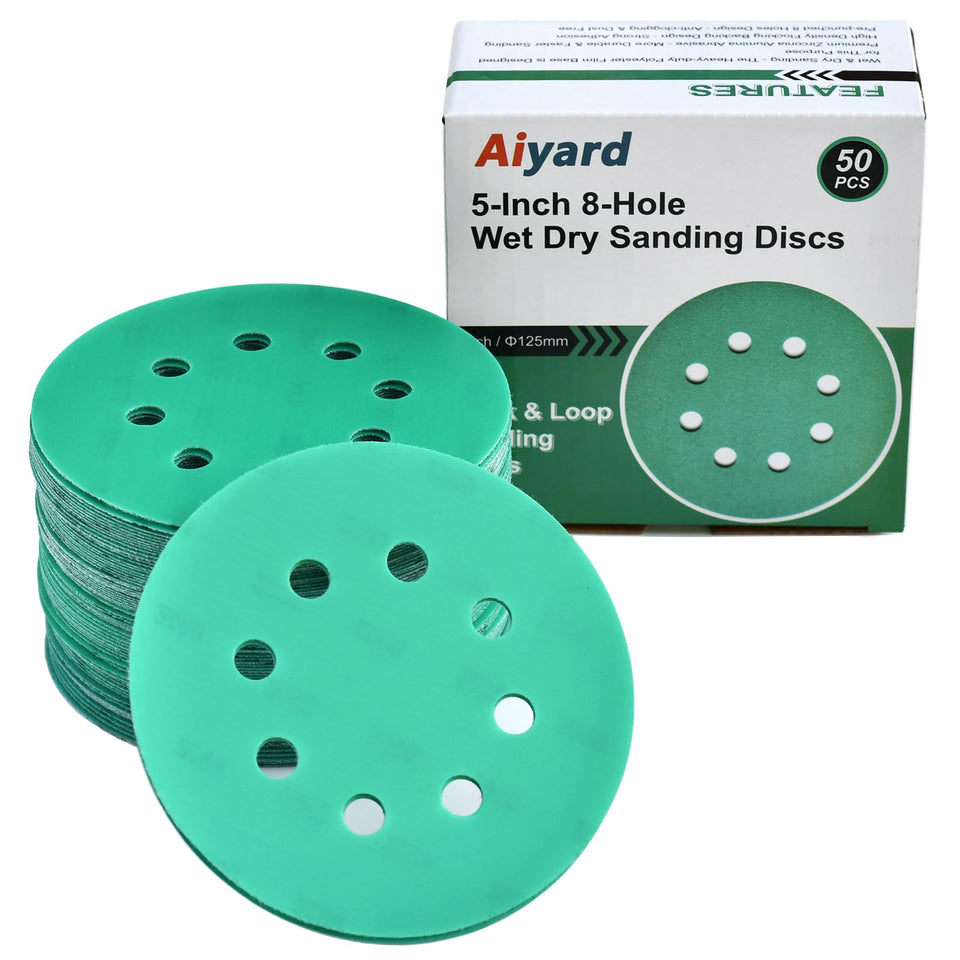 Aiyard 5-inch disc with 8 holes showing dust extraction and wet/dry use for versatile sanding