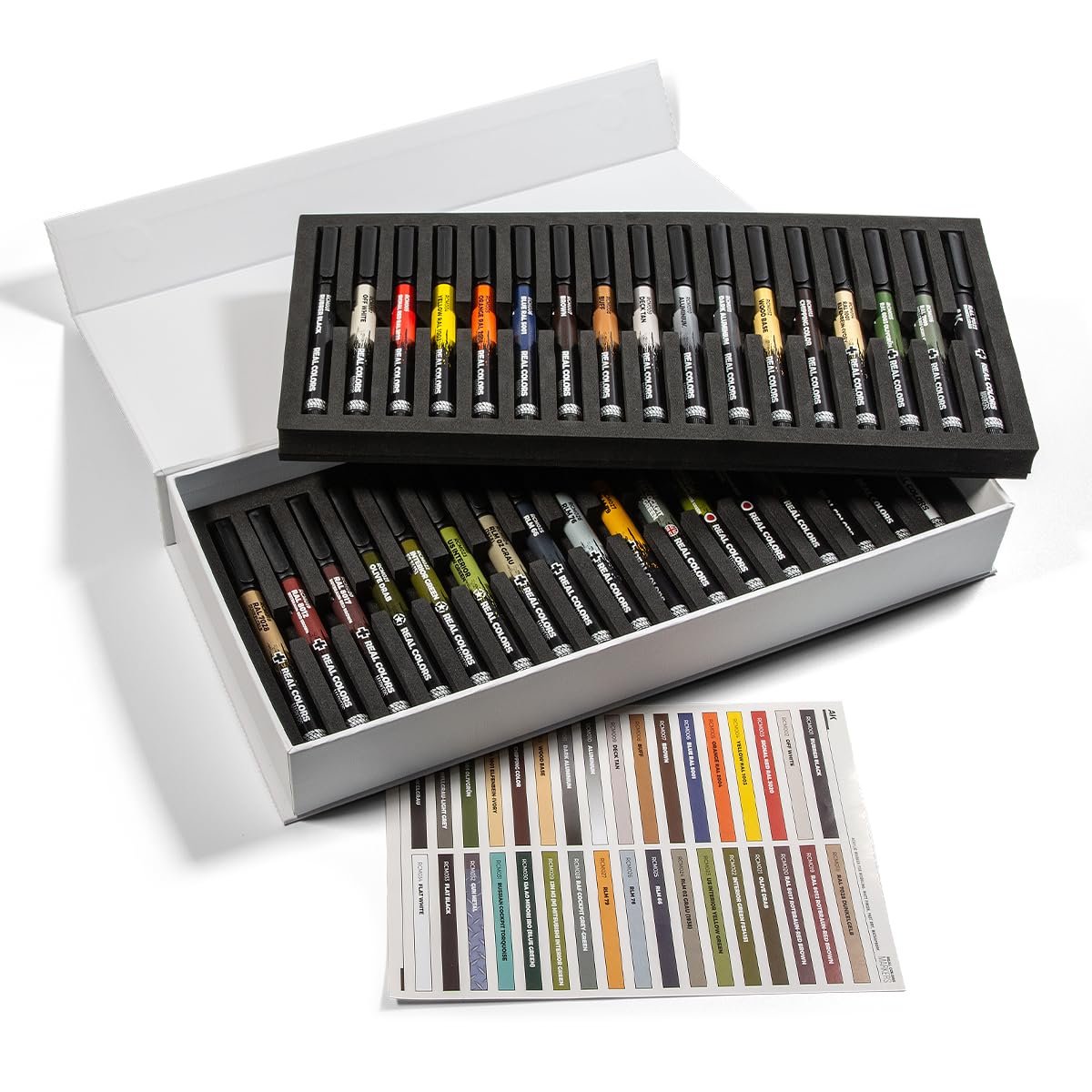 Markers arranged on a worktable for detailed miniature painting.