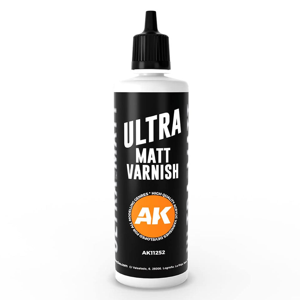 AK Interactive Ultra Matt Varnish bottle for brush or airbrush, delivers a smooth matte finish