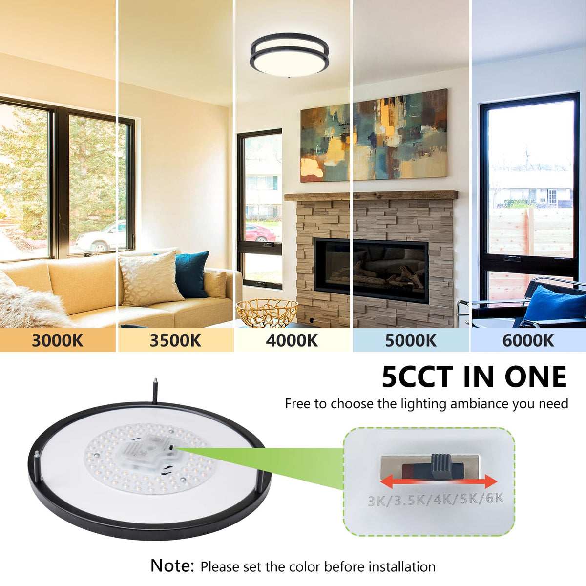Color temperature dial on AKAARI flush mount ranges from 3000K to 6000K