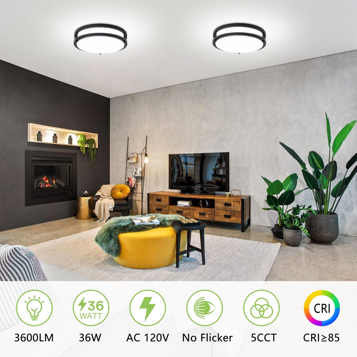 Two-pack AKAARI flush mount lights provide a cohesive look across rooms