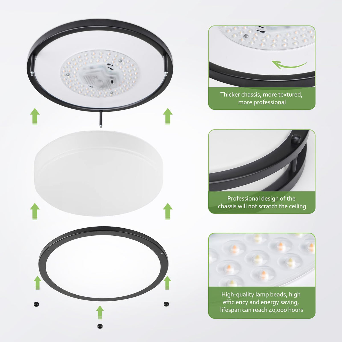 Soft frosted shade on AKAARI flush mount provides gentle, glare-free illumination