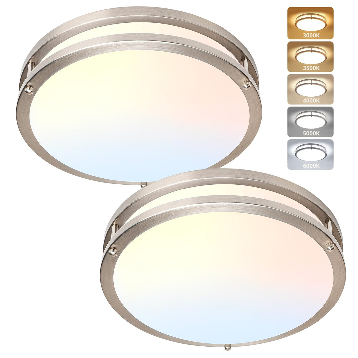 AKAARI flush mount two-pack in brushed nickel finish for balanced hallway lighting.