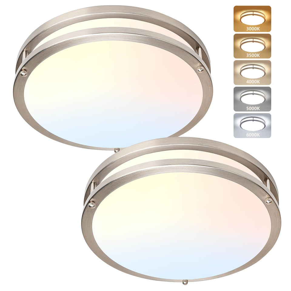 AKAARI flush mount two-pack in brushed nickel finish for balanced hallway lighting.