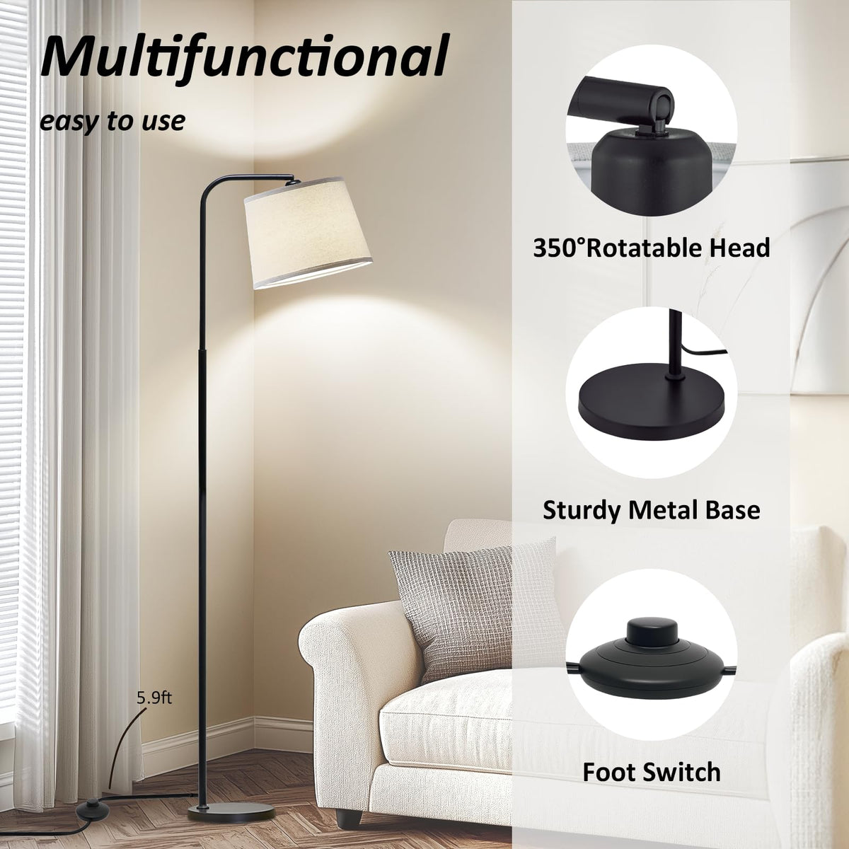 AKASUKI floor lamp foot switch keeps hands free during use.