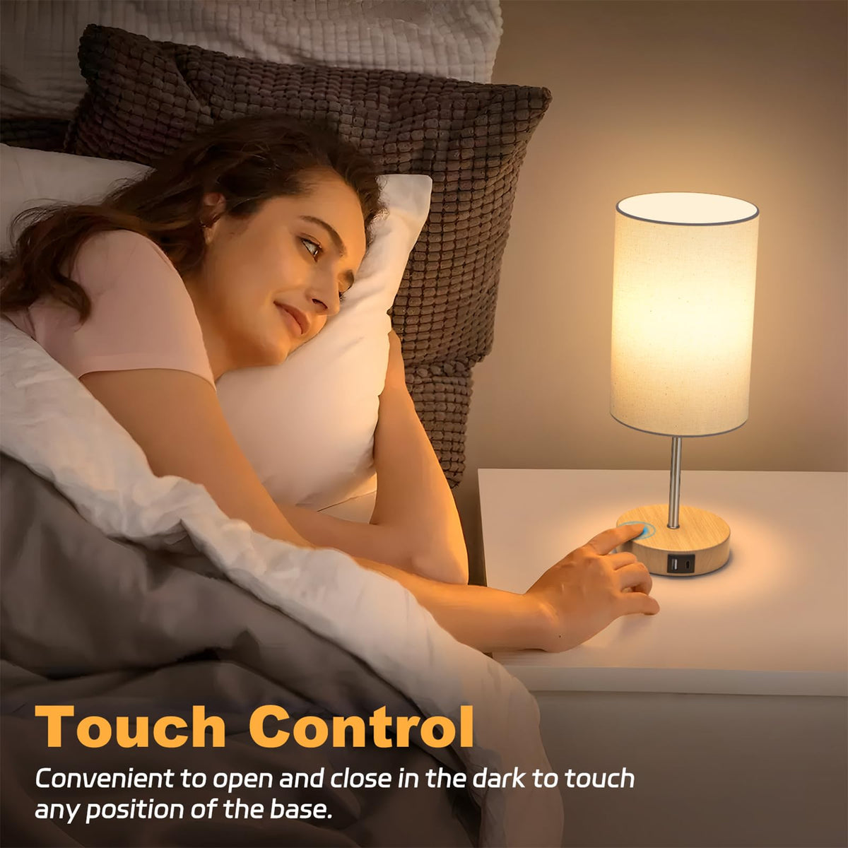 AKASUKI table lamp dual USB charging powers devices at night.