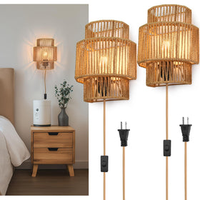 AKEETO plug-in wall sconce with handwoven shade creates warm living room ambience.