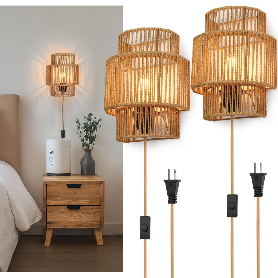 AKEETO plug-in wall sconce with handwoven shade creates warm living room ambience.