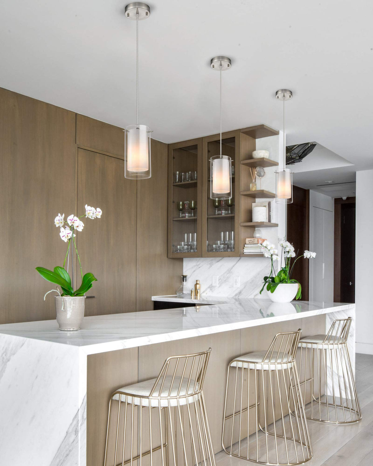 AKEZON brushed nickel finish pendant closeup highlights sleek, contemporary bar lighting.