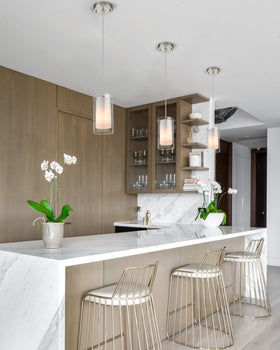 AKEZON brushed nickel finish pendant closeup highlights sleek, contemporary bar lighting.