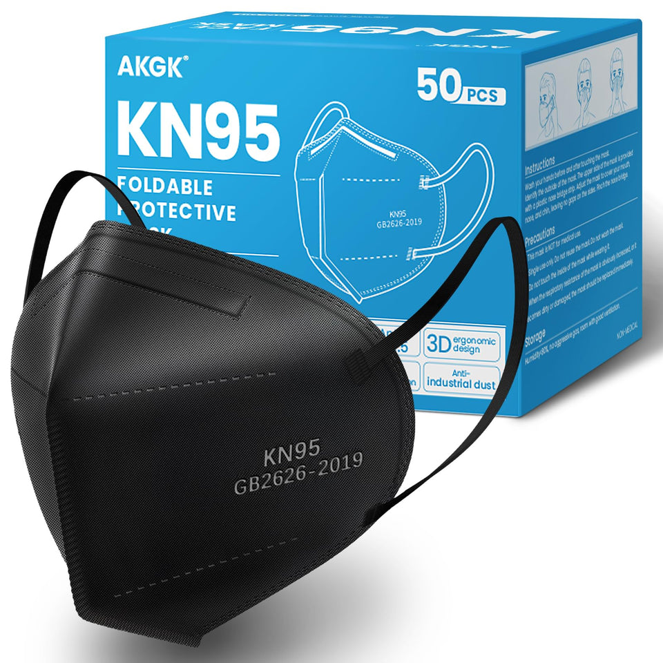 akgk KN95 black face mask 50 pack, convenient daily protection for dusty commutes