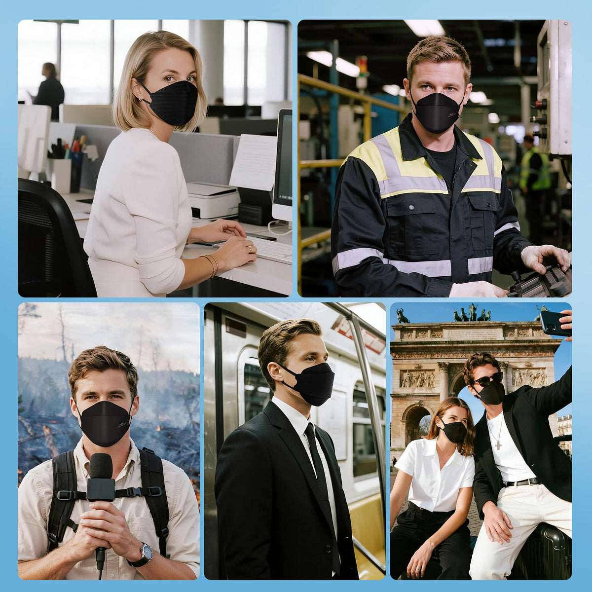 akgk KN95 mask protection against PM2.5, dust, and smoke in public spaces.