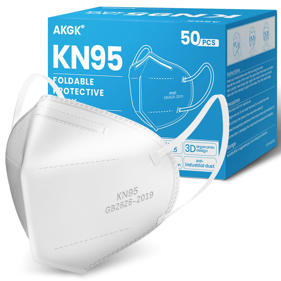 AKGK KN95 white mask pack shows 50-piece set designed for versatile daily protection.