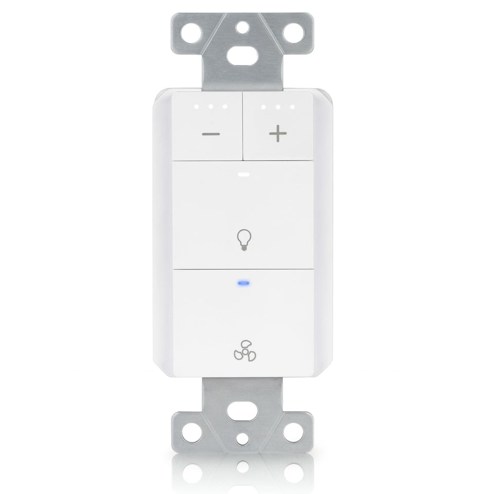 Akicon dimmer switch for exhaust fan and light showing dual control for brightness and ventilation.