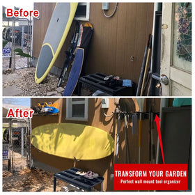 Aking Ace shed garage storage solution keeps long-handled tools within easy reach.