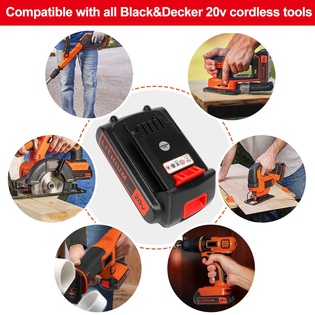 Akkopower 20V battery showing compatibility with Black+Decker chargers