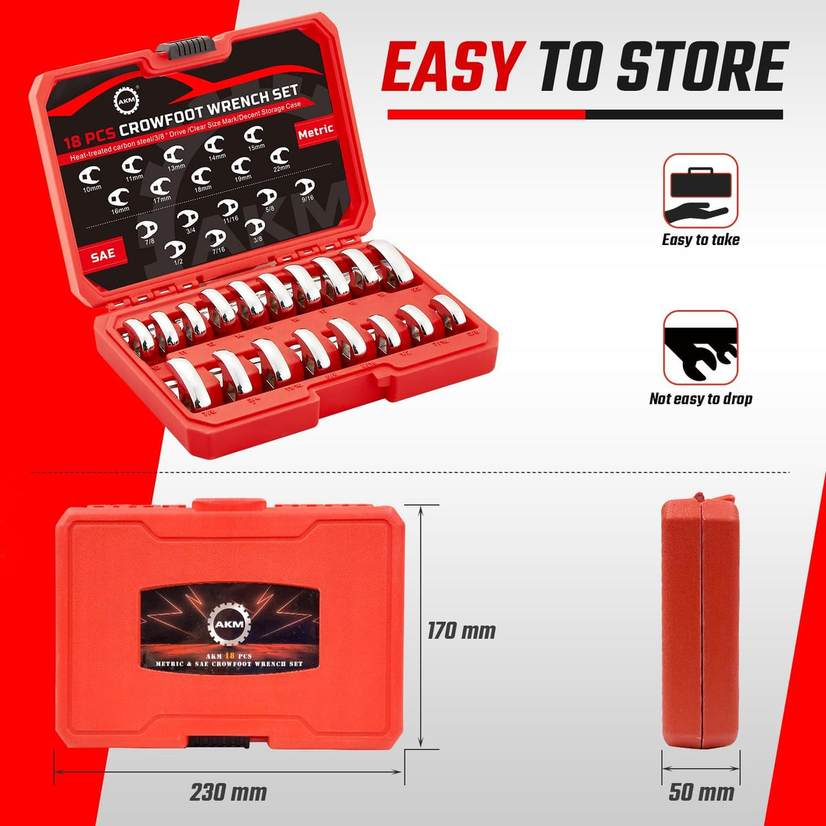 AKM 18-piece set stores neatly and travels easily.