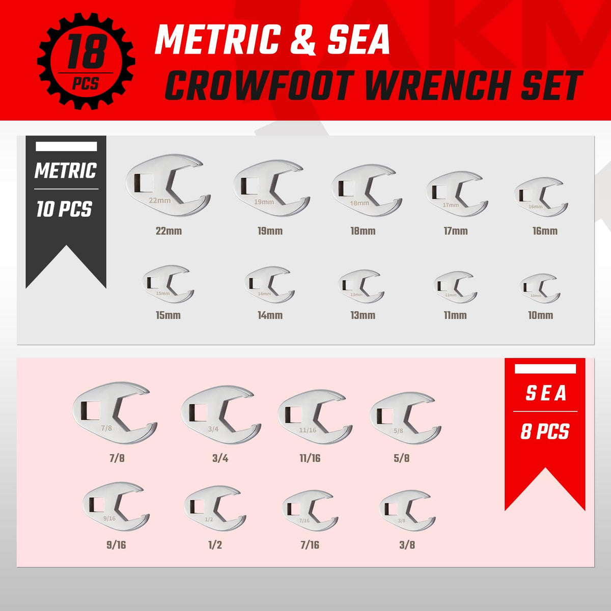 AKM crowfoot wrench set 3/8 drive enables secure flare-nut grip.