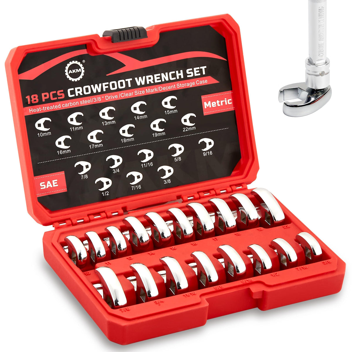 AKM crowfoot wrench set with mirror-polished finish for corrosion resistance.