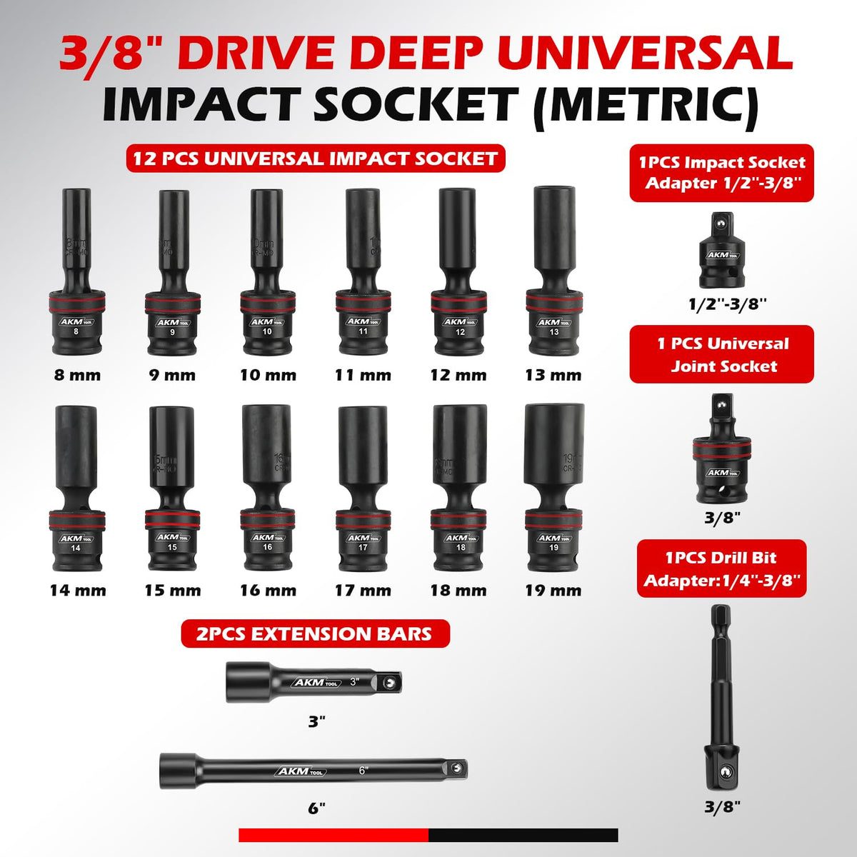 AKM TOOL 3/8 drive universal socket in 19mm for high-torque tasks.